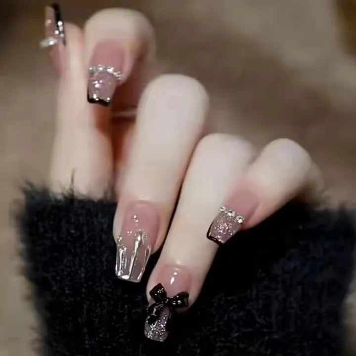 24 Pcs Black Press On Nails with Bow Rhinestone [With Glue Stickers Nail File]