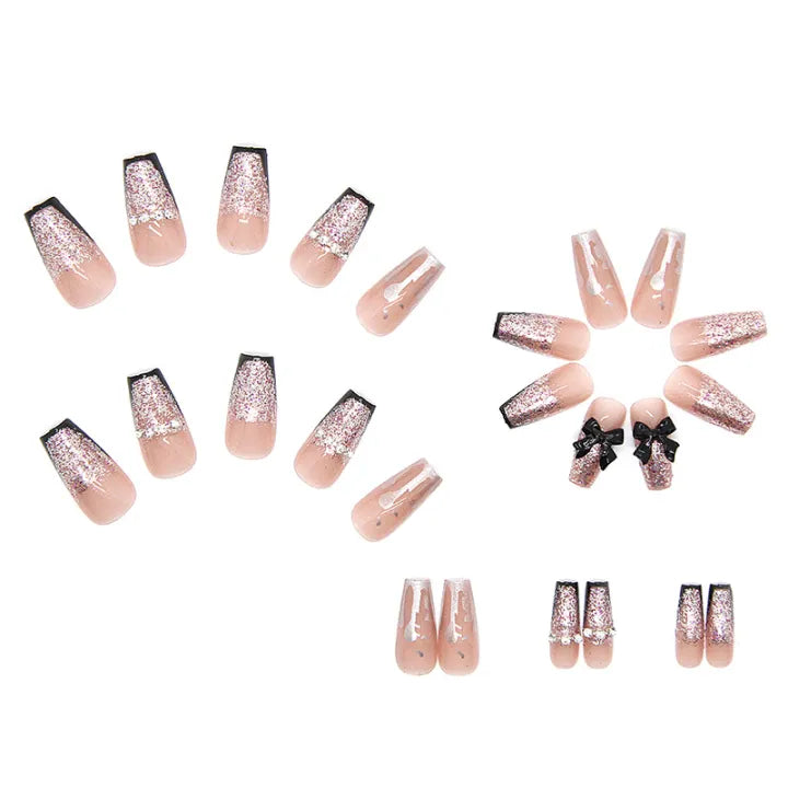 24 Pcs Black Press On Nails with Bow Rhinestone [With Glue Stickers Nail File]
