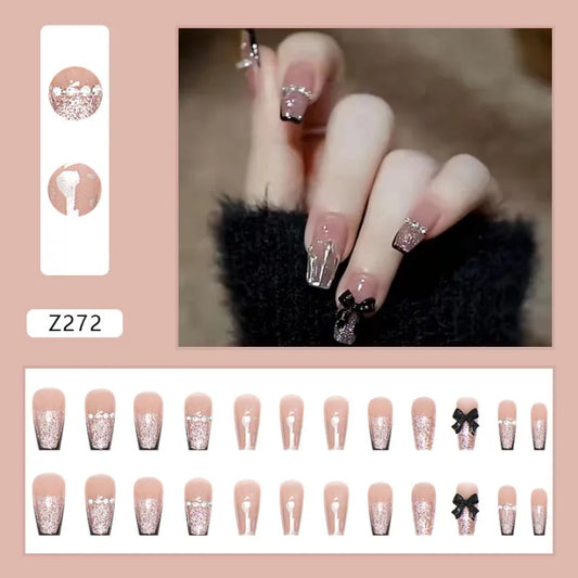 24 Pcs Black Press On Nails with Bow Rhinestone [With Glue Stickers Nail File]