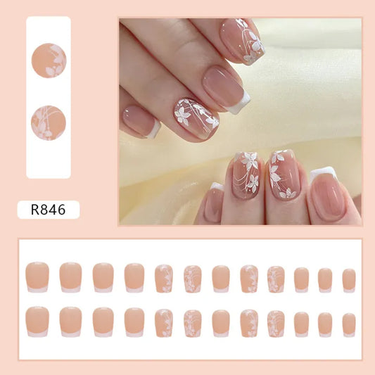 White French Tip Press on Nails 24 pcs - Spring Flower [with nail glue stickers]