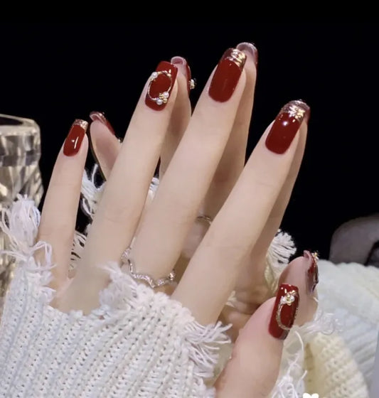 Gold Wine Red 24Pcs Press on Nails [with nail glue stickers ]