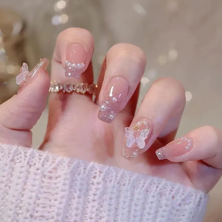 Pink Butterfly Press on Nails 24 pcs [With Glue Stickers Nail File]