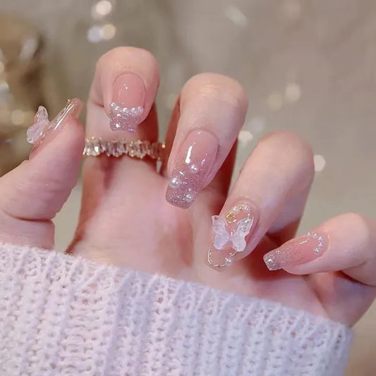 Pink Butterfly Press on Nails 24 pcs [With Glue Stickers Nail File]