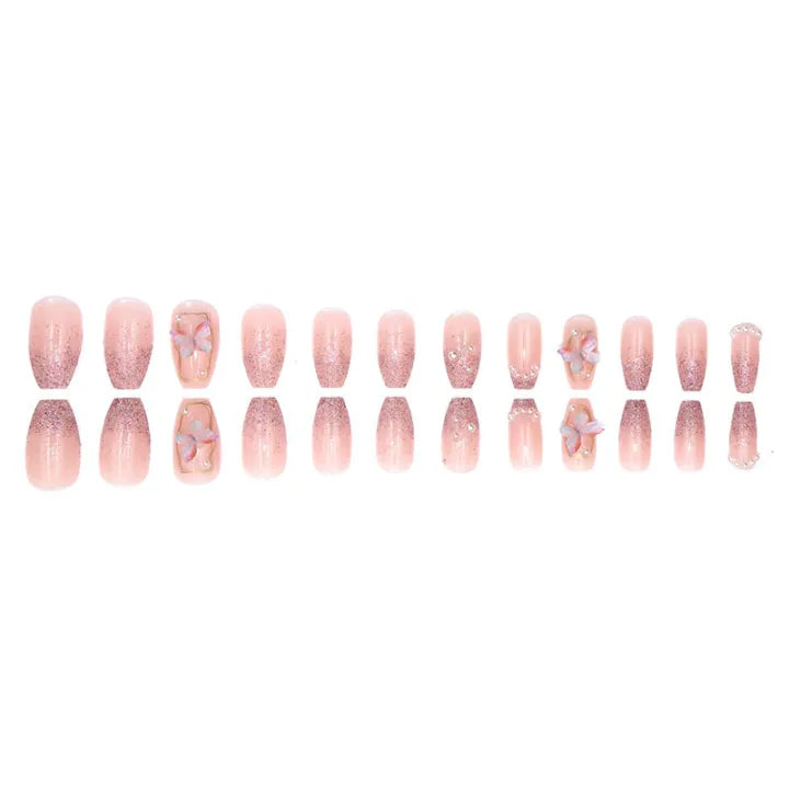 Pink Butterfly Press on Nails 24 pcs [With Glue Stickers Nail File]