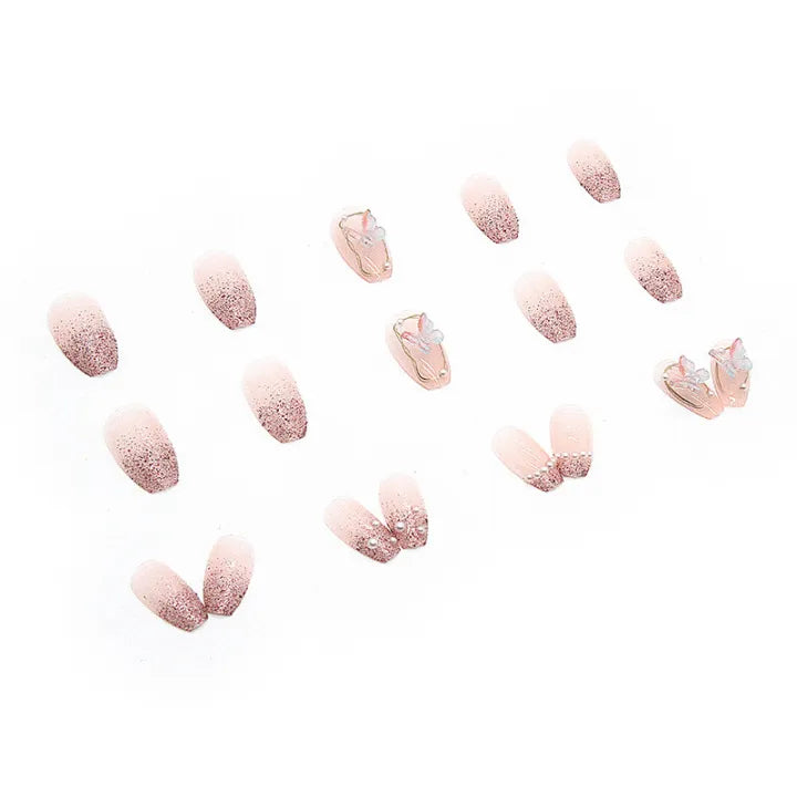 Pink Butterfly Press on Nails 24 pcs [With Glue Stickers Nail File]