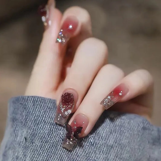24Pcs Press on Nails Red Butterfly[With Glue Stickers Nail File]