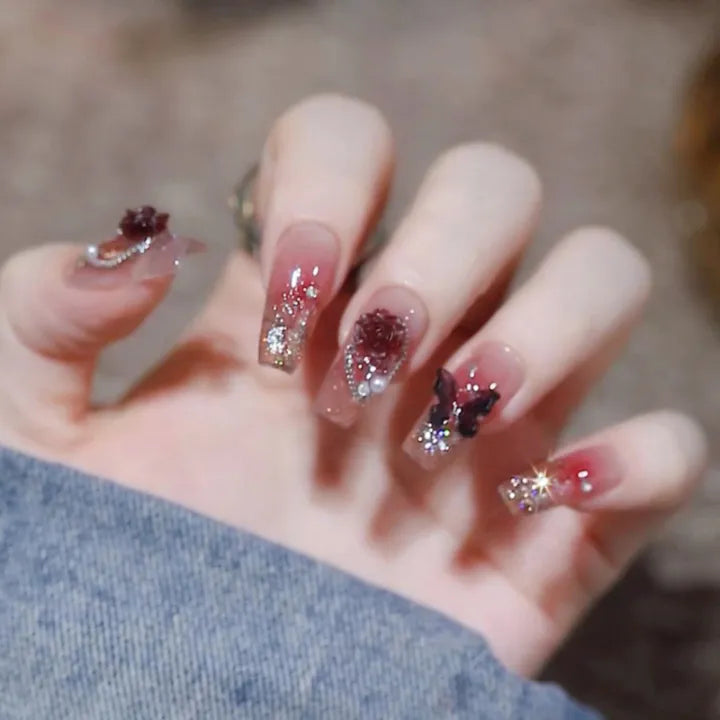 24Pcs Press on Nails Red Butterfly[With Glue Stickers Nail File]