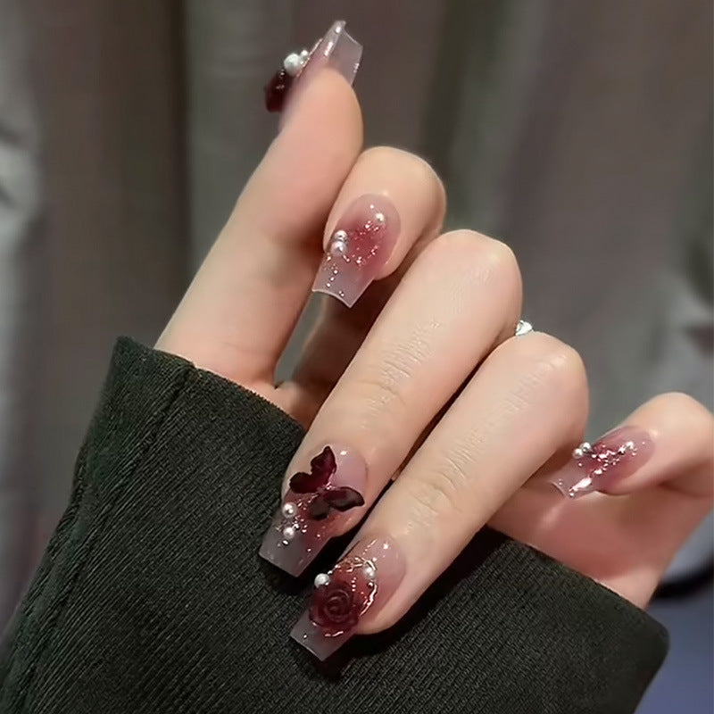 24Pcs Press on Nails Red Butterfly[With Glue Stickers Nail File]