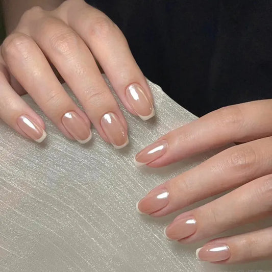 Glossy White French Press on Nails 24Pcs [ with glue stickers]