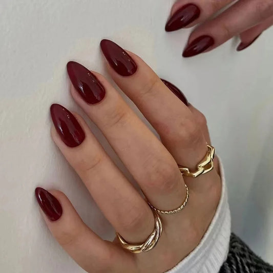 24pcs Burgundy Almond Press on Nails[with nail glue stickers and mini file]