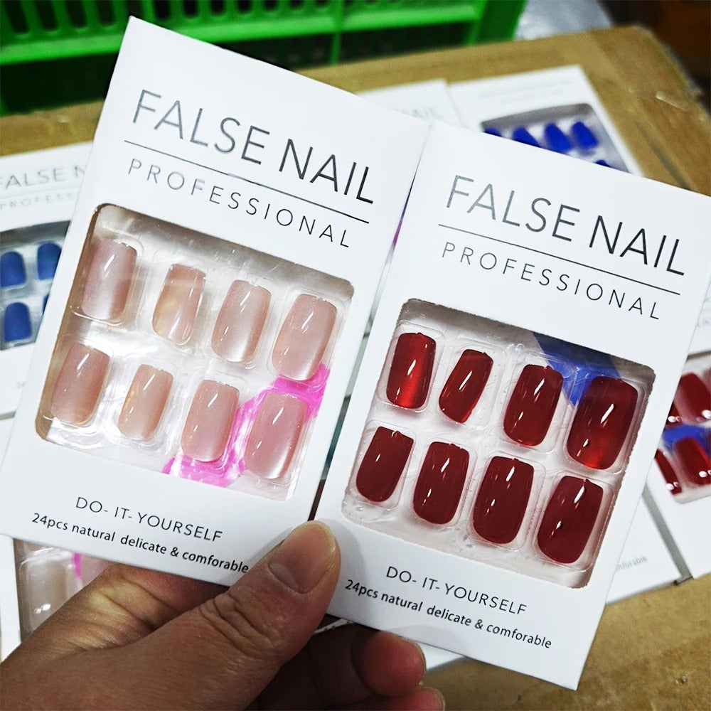 24 Pcs Red Cat Eye Press-On Nails – Glossy Medium Square Full Cover False Nails