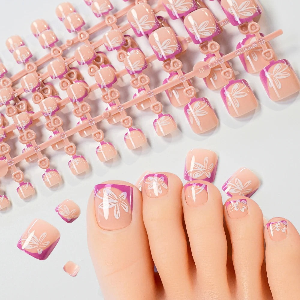 24 pcs Flower Press On Toe Nails [with nail glue stickers and mini file]