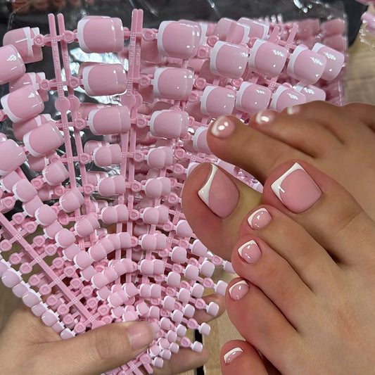 24 pcs Pink French Press On Toe nails[with nail glue stickers and mini file]