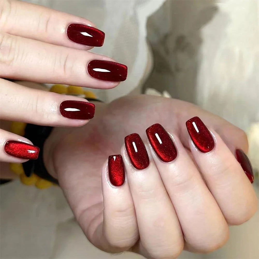 24 Pcs Red Cat Eye Press-On Nails – Glossy Medium Square Full Cover False Nails