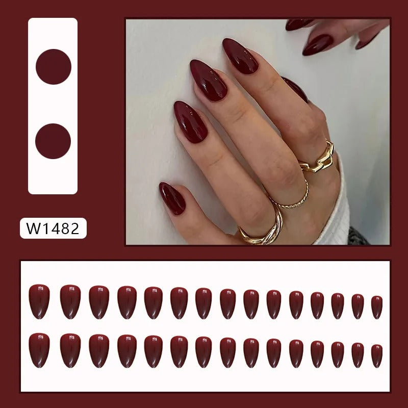 24pcs Burgundy Almond Press on Nails[with nail glue stickers and mini file]